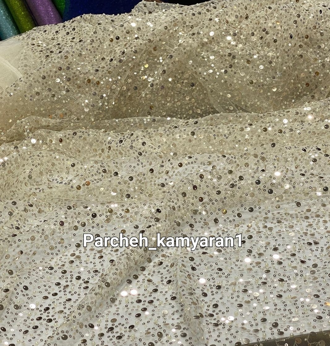 پارچه تور جسمیکو سفید پولک‌دوزی و ملیله‌دوزی